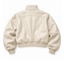Load image into Gallery viewer, Cropped Funnel Neck Leather Bomber Jacket
