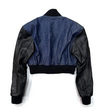 Load image into Gallery viewer, Raw Denim Bomber Jacket with Leather Sleeves
