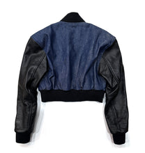 Load image into Gallery viewer, Raw Denim Bomber Jacket with Leather Sleeves