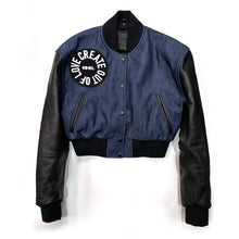 Load image into Gallery viewer, Raw Denim Bomber Jacket with Leather Sleeves
