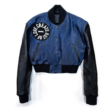 Load image into Gallery viewer, Bleached Denim Bomber Jacket with leather sleeves