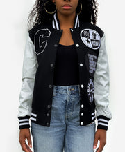 Load image into Gallery viewer, SHE'S COOL Black and White Varsity Jacket