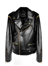 Load image into Gallery viewer, Men black leather motorcycle jacket with gold zippers and zip off sleeves