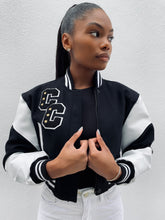Load image into Gallery viewer, Cropped  Black and White Varsity Jacket