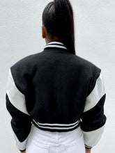 Load image into Gallery viewer, Cropped  Black and White Varsity Jacket