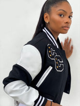 Load image into Gallery viewer, Cropped  Black and White Varsity Jacket
