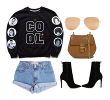 Load image into Gallery viewer, Womens Black crewneck sweatshirt with chenille letter patches on the front and patches with black icons on the sleeves
