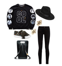Load image into Gallery viewer, Women's Black crewneck sweatshirt with chenille letter patches on the front and patches with black icons on the sleeves