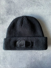 Load image into Gallery viewer, black beanie with black embroidered logo on front