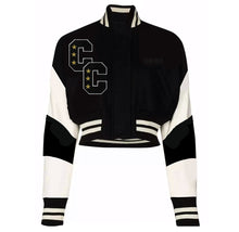 Load image into Gallery viewer, Cropped  Black and White Varsity Jacket