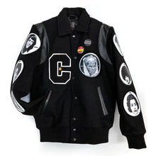 Load image into Gallery viewer, Black wool and leather varsity jacket with patches of black historical figures on them