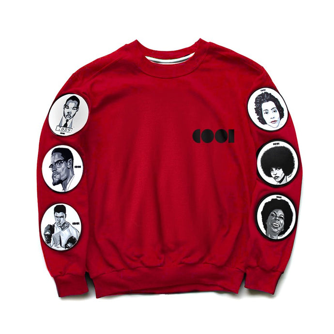 Red crewneck sweatshirt with Cool Creative logo and patches with black historical figures on the sleeves 