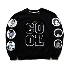 Load image into Gallery viewer, Black crewneck sweatshirt with chenille letter patches on the front and patches with black icons on the sleeves