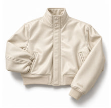 Load image into Gallery viewer, Cropped Funnel Neck Leather Bomber Jacket
