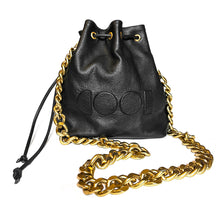 Load image into Gallery viewer, black leather bag with gold chain and embossed COOL logo
