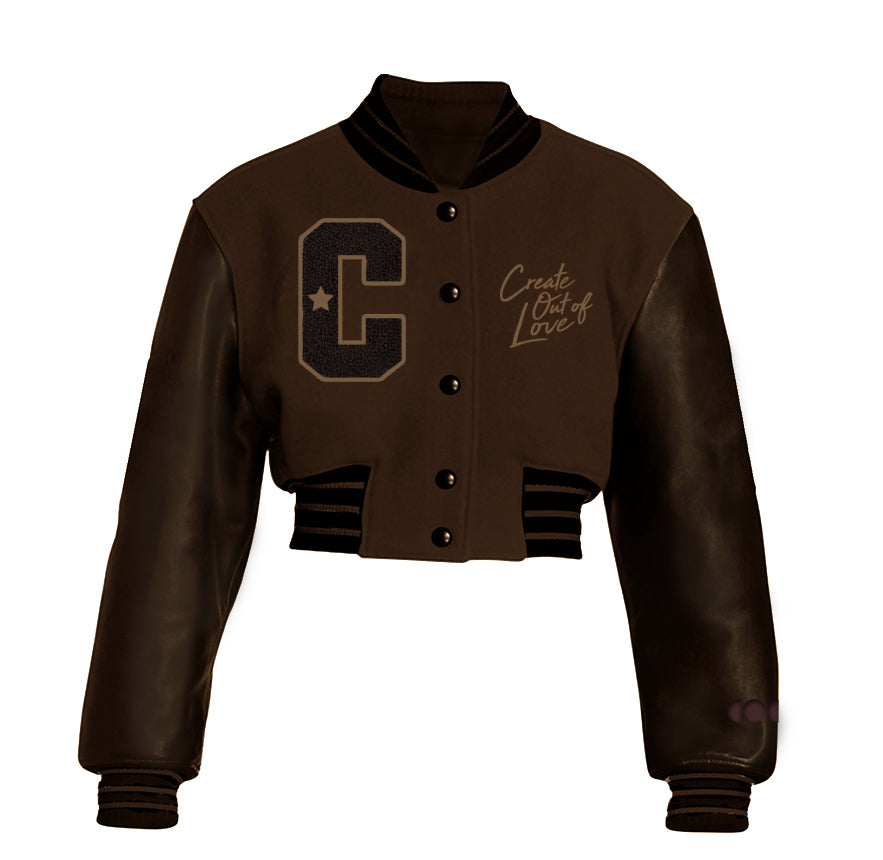 Chocolate Brown Cropped Letterman Jacket