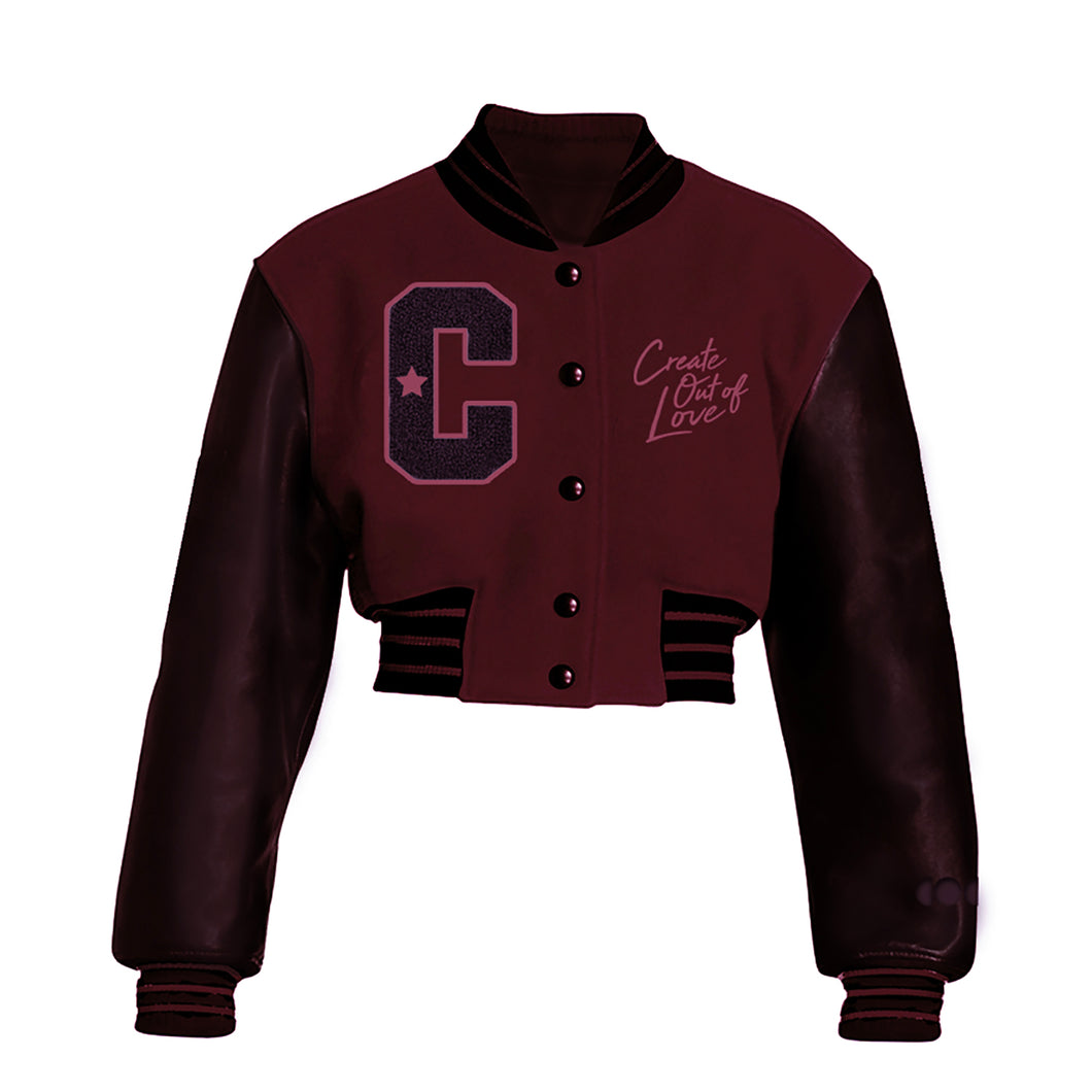 Burgundy Cropped Letterman Jacket