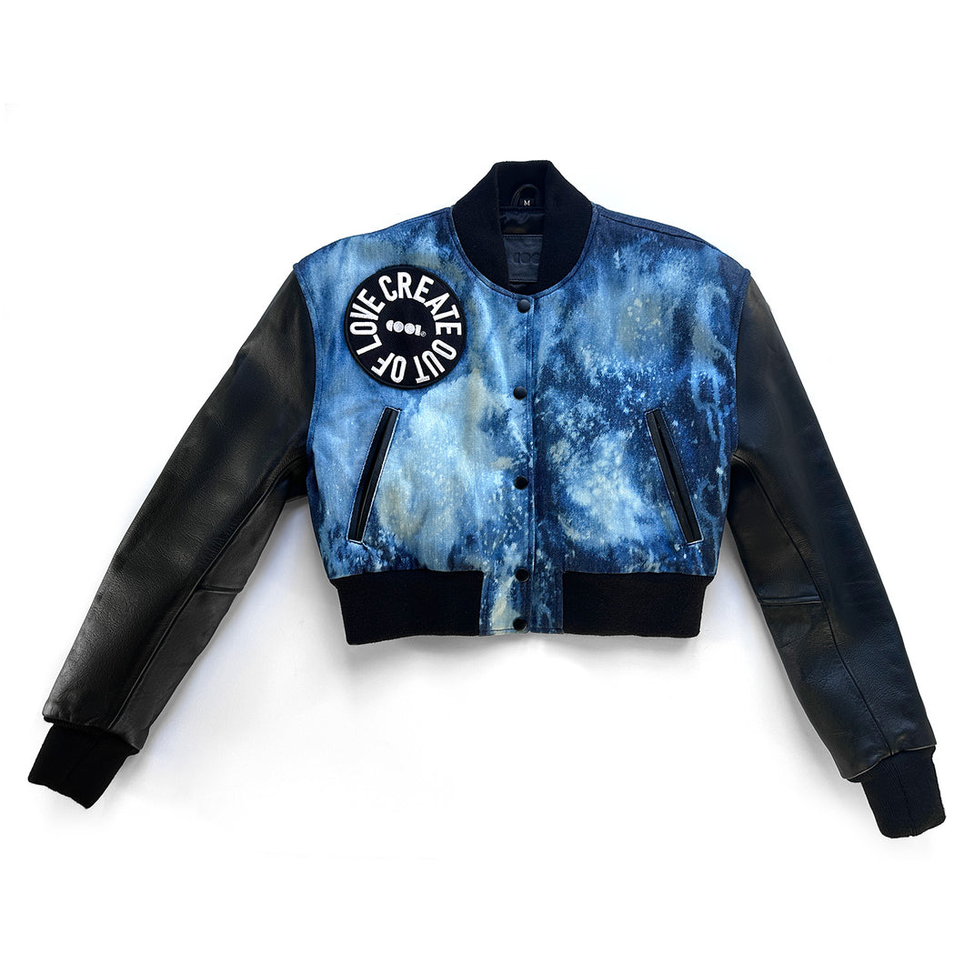 Bleached Denim Bomber Jacket with leather sleeves