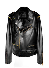 Load image into Gallery viewer, Men black leather motorcycle jacket with gold zippers and zip off sleeves
