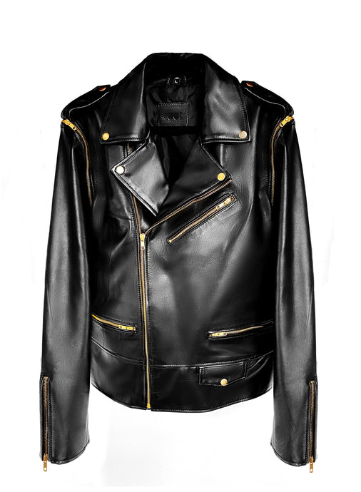 Men black leather motorcycle jacket with gold zippers and zip off sleeves