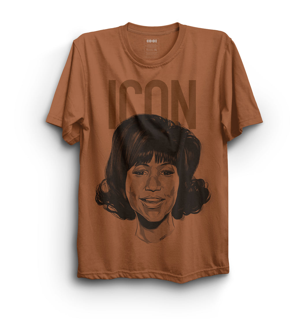 Brown shirt with Aretha Franklin drawing on the front