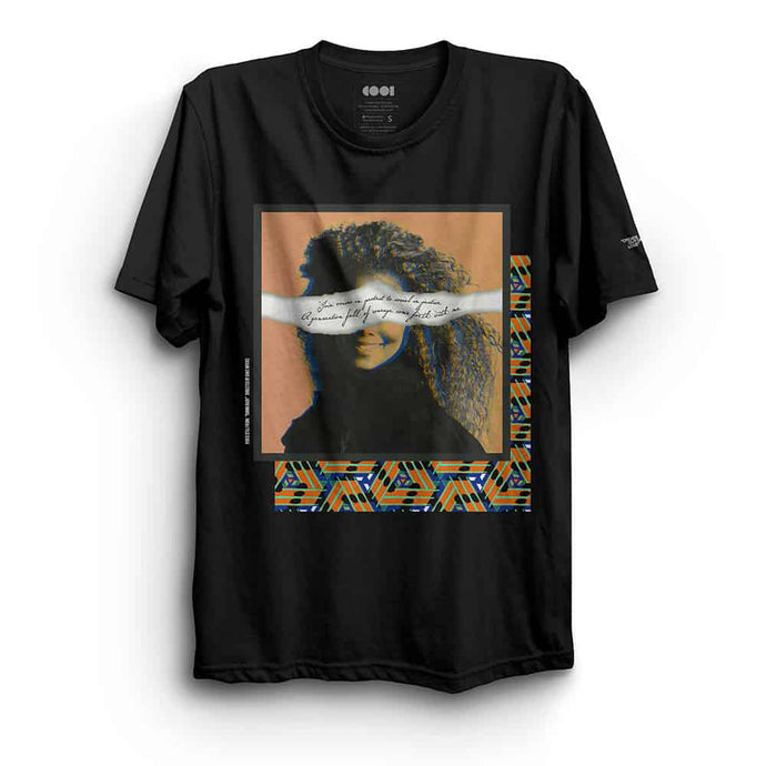 black shirt with orange Janet Jackson graphic on front