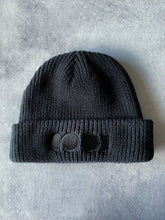 Load image into Gallery viewer, black beanie with black embroidered logo on front
