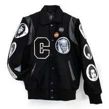 Load image into Gallery viewer, Black wool and leather varsity jacket with patches of black historical figures on them
