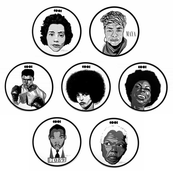 White and black matte pin back button withdrawing of black activists on them