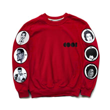 Load image into Gallery viewer, Red crewneck sweatshirt with Cool Creative logo and patches with black historical figures on the sleeves 
