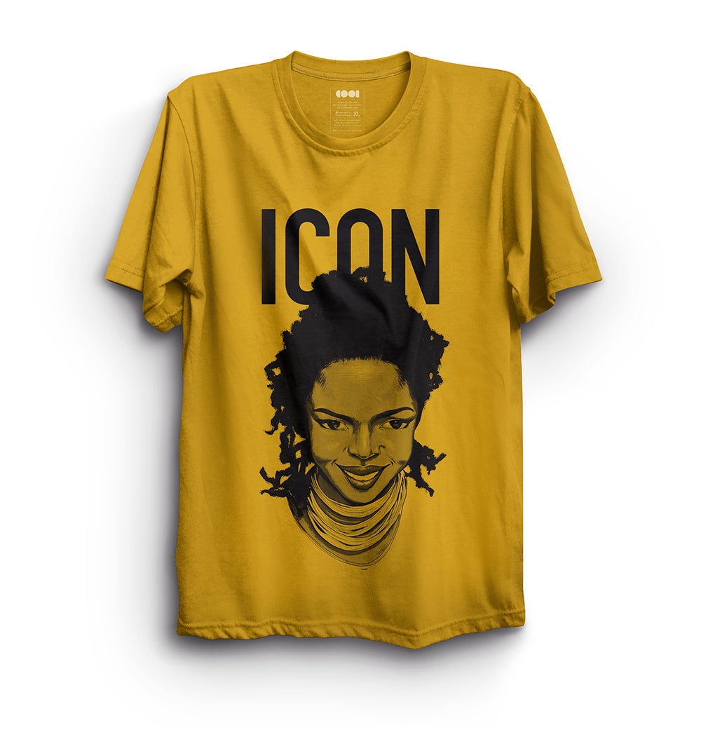 Yellow shirt with drawing of Lauryn Hill on the front