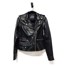 Load image into Gallery viewer, Women&#39;s black leather jacket with gold zippers and zip off sleeves
