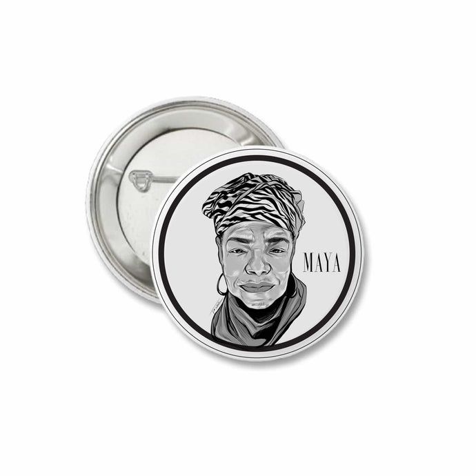 White and black matte pin back button with Maya Angelou drawing on it